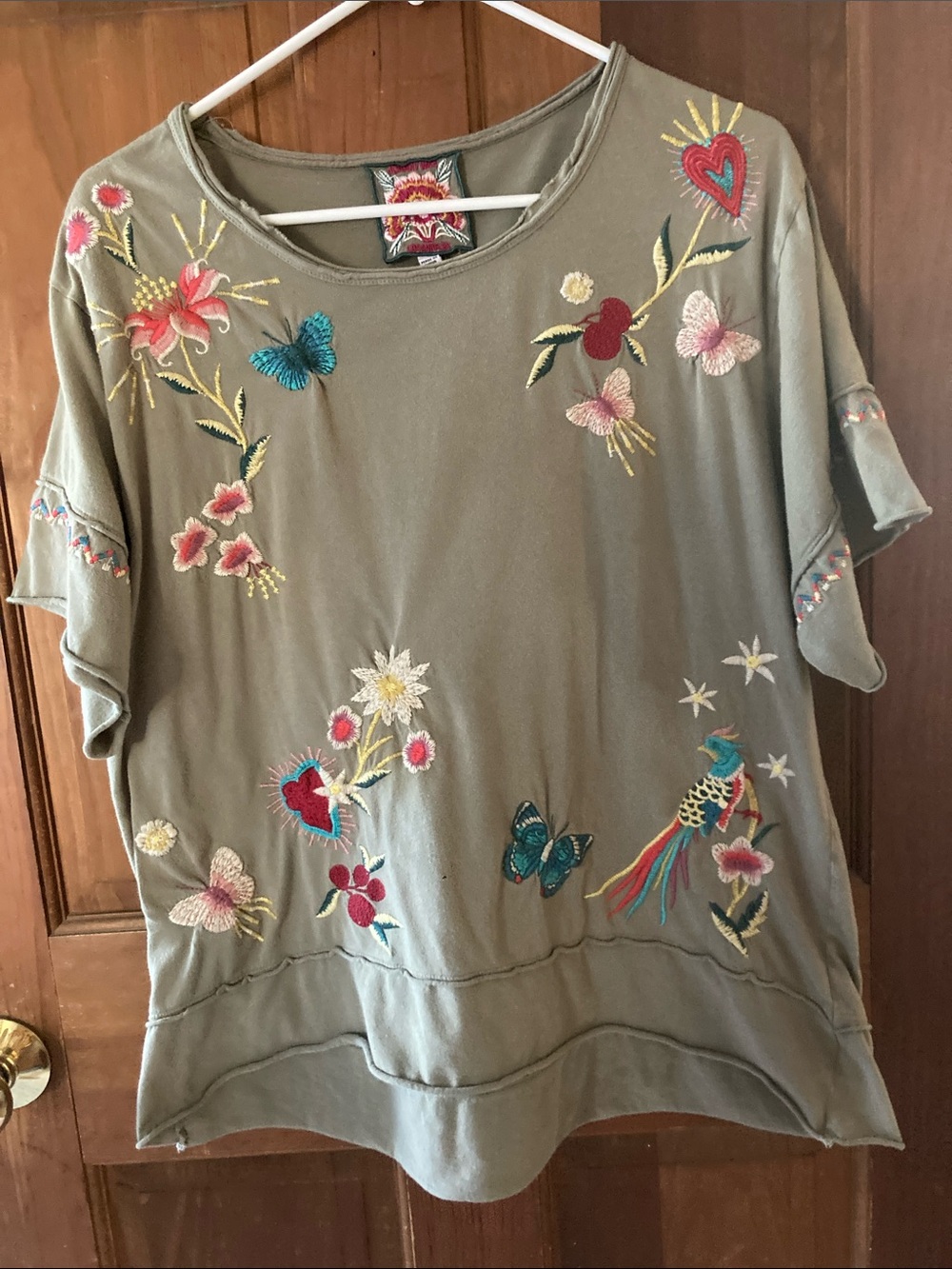 Johnny Was Olive Green Short Sleeve Embroidered Tee